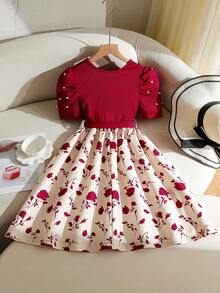 Tween Girl Black Floral Puff Sleeve Black Dresses Homecoming Dress Halloween Outfit Fall Style - Burgundy - View 4