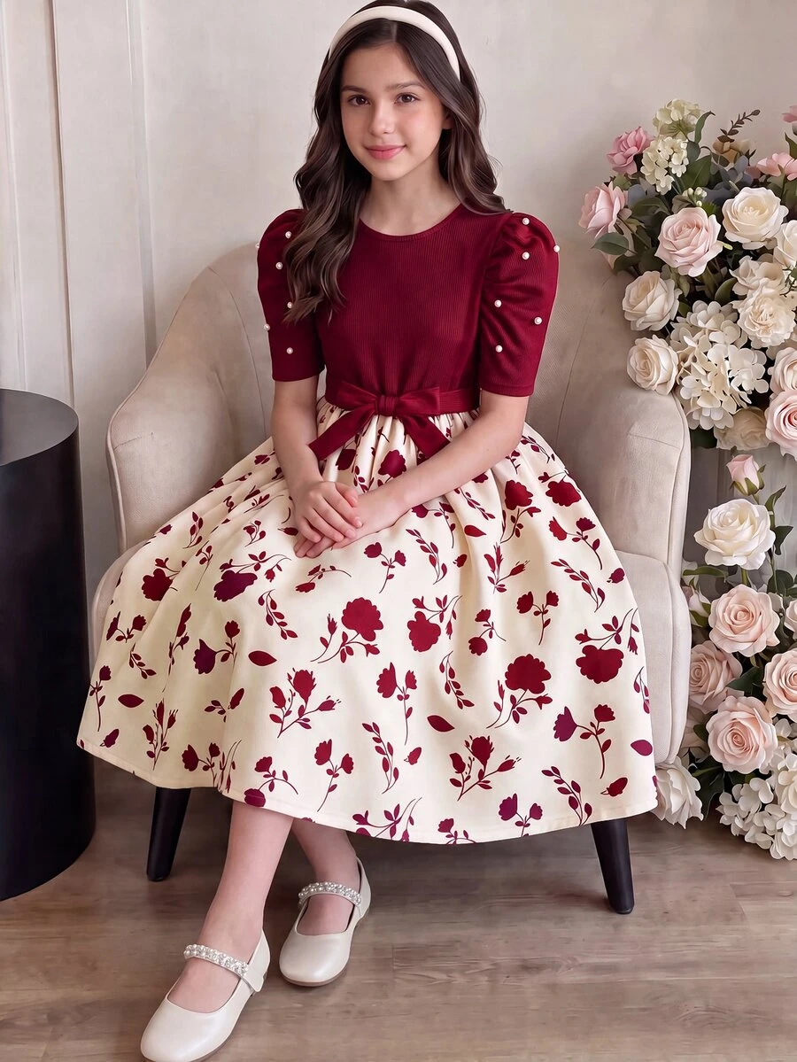 Tween Girl Black Floral Puff Sleeve Black Dresses Homecoming Dress Halloween Outfit Fall Style
