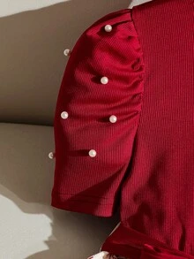 Tween Girl Black Floral Puff Sleeve Black Dresses Homecoming Dress Halloween Outfit Fall Style - Burgundy - View 6