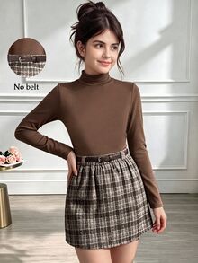 SHEIN Girls Elegant Casual Western 80s Cute Family Party School Off Campus Commute Round Neck Chocolate Brown Plaid Long Sleeve T-Shirt With Tweed Skirt - Multicolor - View 2