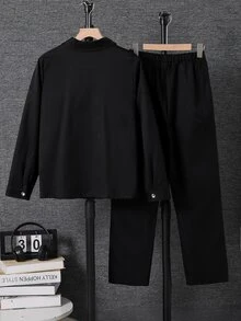Teen Boys Black 2‑Piece Set, Long‑Sleeve Shirt + Casual Cute Baggy Pants, For Outings, School Activities, Party All White Summer - Black - View 2