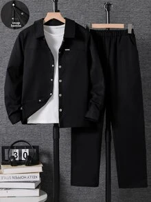 Teen Boys Black 2‑Piece Set, Long‑Sleeve Shirt + Casual Cute Baggy Pants, For Outings, School Activities, Party All White Summer - Black - View 3