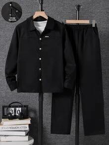 Teen Boys Black 2‑Piece Set, Long‑Sleeve Shirt + Casual Cute Baggy Pants, For Outings, School Activities, Party All White Summer - Black - View 5