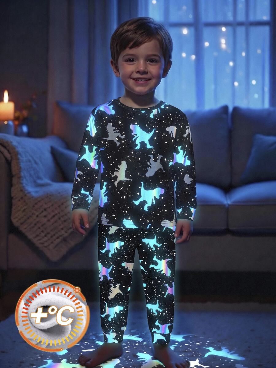 SHEIN Young Boy Casual Minimalist Fashion Classic Christmas Warm Comfortable, Dinosaur Star Pattern, Cartoon Pattern, Snug Fit Comfortable Crew Neck Short Sleeve Long Pants Loungewear Suitable For All Seasons - Multicolor - View 1