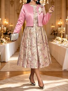 Fleurora Women's Floral Print Pleated Dress And Cardigan Fashion 2 Pieces Set - Pink - View 7