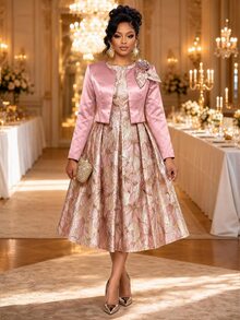 Fleurora Women's Floral Print Pleated Dress And Cardigan Fashion 2 Pieces Set - Pink - View 1