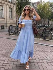 Easura Blue And White Plaid Square Neck Long Summer Dress, Fashionable For Summer Oktoberfest Vacation Vacation Casual Fairy Fairy Elegant Fall Dresses - Blue - View 11