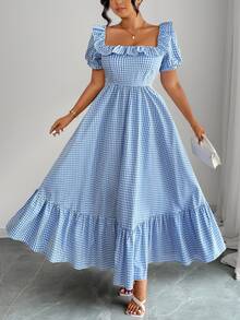 Easura Blue And White Plaid Square Neck Long Summer Dress, Fashionable For Summer Oktoberfest Vacation Vacation Casual Fairy Fairy Elegant Fall Dresses - Blue - View 6