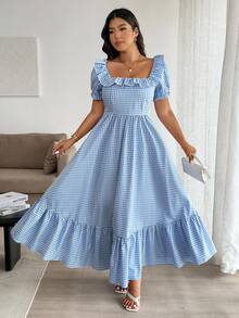 Easura Blue And White Plaid Square Neck Long Summer Dress, Fashionable For Summer Oktoberfest Vacation Vacation Casual Fairy Fairy Elegant Fall Dresses - Blue - View 5