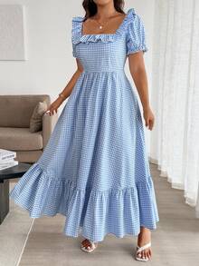Easura Blue And White Plaid Square Neck Long Summer Dress, Fashionable For Summer Oktoberfest Vacation Vacation Casual Fairy Fairy Elegant Fall Dresses - Blue - View 4