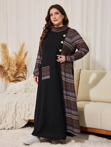 Lacomfia Đầm size lớn dáng rộng vừa vặn, cổ cao, tay dài, phối màu trơn in họa tiết patchwork, phong cách tối giản thường ngày cho mùa xuân và mùa thu - Nhiều màu - Xem 3