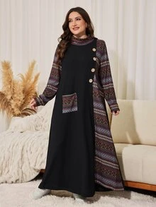 Lacomfia Đầm size lớn dáng rộng vừa vặn, cổ cao, tay dài, phối màu trơn in họa tiết patchwork, phong cách tối giản thường ngày cho mùa xuân và mùa thu - Nhiều màu - Xem 4