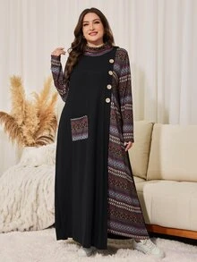Lacomfia Đầm size lớn dáng rộng vừa vặn, cổ cao, tay dài, phối màu trơn in họa tiết patchwork, phong cách tối giản thường ngày cho mùa xuân và mùa thu - Nhiều màu - Xem 7