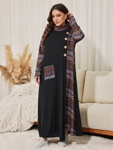 Lacomfia Đầm size lớn dáng rộng vừa vặn, cổ cao, tay dài, phối màu trơn in họa tiết patchwork, phong cách tối giản thường ngày cho mùa xuân và mùa thu - Nhiều màu - Xem 6