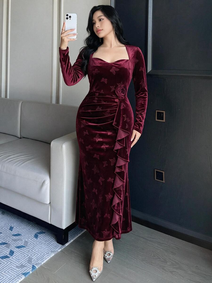 Feyla Plus Size Women's Butterfly Pattern Casual Party & Travel Dress - Burgundy - View 1