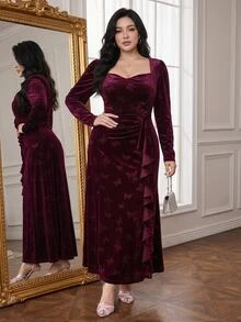 Feyla Plus Size Women's Butterfly Pattern Casual Party & Travel Dress - Burgundy - View 5