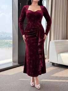 Feyla Plus Size Women's Butterfly Pattern Casual Party & Travel Dress - Burgundy - View 8