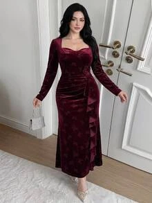 Feyla Plus Size Women's Butterfly Pattern Casual Party & Travel Dress - Burgundy - View 4