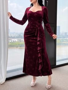 Feyla Plus Size Women's Butterfly Pattern Casual Party & Travel Dress - Burgundy - View 10