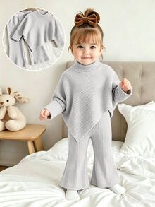 SHEIN 嬰兒/幼兒女童 春/秋/冬休閒保守風 Safari T恤套裝 不對稱套頭高領針織羅紋布料 灰色喇叭長褲 - 灰色 - 查看 5