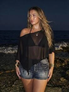 SHEIN ICON Plus Size Chiffon Wrap Triangle Cup Tie Camisole Top 2 Piece Set For Women, Going Out Vacation Tops Black Summer Sexy - Black - View 1
