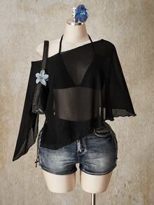 SHEIN ICON Plus Size Chiffon Wrap Triangle Cup Tie Camisole Top 2 Piece Set For Women, Going Out Vacation Tops Black Summer Sexy - Black - View 5