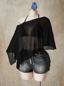 SHEIN ICON Plus Size Chiffon Wrap Triangle Cup Tie Camisole Top 2 Piece Set For Women, Going Out Vacation Tops Black Summer Sexy - Black - View 7