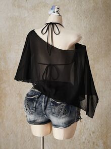 SHEIN ICON Plus Size Chiffon Wrap Triangle Cup Tie Camisole Top 2 Piece Set For Women, Going Out Vacation Tops Black Summer Sexy - Black - View 3
