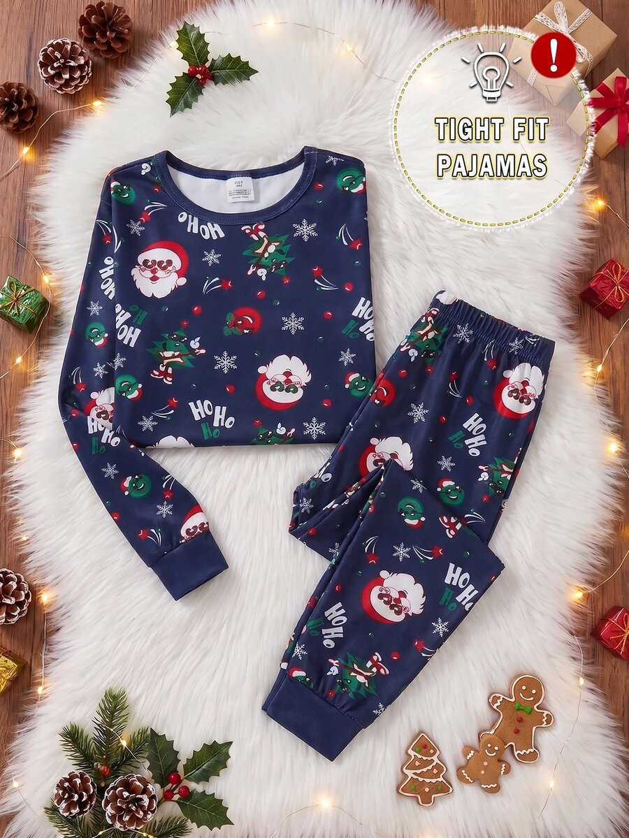 Santa Autumn/Winter Claus Tween Boy Pajamas 2pcs Christmas Tree Snug Fit Long Sleeve Pants Print Gift Heart - Navy Blue - View 1