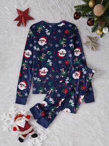 Santa Autumn/Winter Claus Tween Boy Pajamas 2pcs Christmas Tree Snug Fit Long Sleeve Pants Print Gift Heart - Navy Blue - View 2