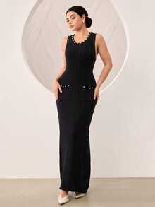 Graceveil Women's Beaded Decor Cardigan Knit Dress 2 Pieces Set Dinner Office Black Fall French Elegant - Black - View 5