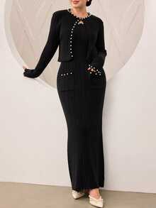 Graceveil Women's Beaded Decor Cardigan Knit Dress 2 Pieces Set Dinner Office Black Fall French Elegant - Black - View 6