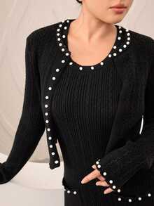 Graceveil Women's Beaded Decor Cardigan Knit Dress 2 Pieces Set Dinner Office Black Fall French Elegant - Black - View 8