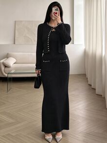 Graceveil Women's Beaded Decor Cardigan Knit Dress 2 Pieces Set Dinner Office Black Fall French Elegant - Black - View 1