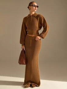 CLARA VERO طقم تنورة ماكسي محبوكة بياقة بولو، قصة عادية، للشارع أو المكتب، خصر مزين بأزرار، تفاصيل جيوب - بني - مشاهدة 8