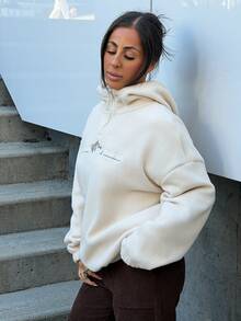 SAYEHFBABY Letter Embroidery Drop Shoulder Fleece Sweatshirt Hoodie,Fall Women Clothes - Beige - View 4