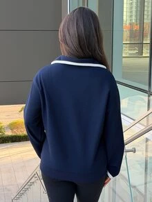 SAYEHFBABY Letter Embroidery Contrast Collar Drop Shoulder Sweatshirt,Long Sleeve Tops,Fall Women Clothes - Navy Blue - View 2
