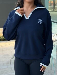 SAYEHFBABY Letter Embroidery Contrast Collar Drop Shoulder Sweatshirt,Long Sleeve Tops,Fall Women Clothes - Navy Blue - View 3
