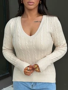 SAYEHFBABY 女款秋冬復古學院風 Y2K 休閒性感老錢風基礎日常穿著 外出文藝復興市集夜店米色針織衫 冬季上衣 - 杏色 - 查看 4