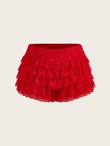 SHEIN ICON Plus Size Summer Fashionable Solid Color Multi-Layer Lace Ruffle Hem Shorts - Red - View 3