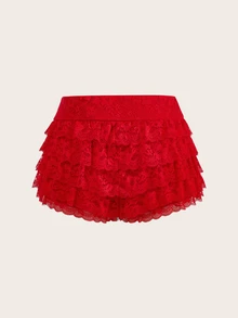 SHEIN ICON Plus Size Summer Fashionable Solid Color Multi-Layer Lace Ruffle Hem Shorts - Red - View 4