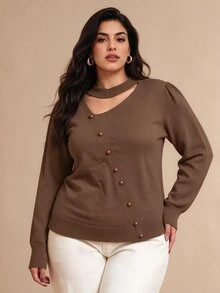 Juhart Plus Size Women Solid Color Asymmetric Cutout Design Long Sleeve Button Detail Pullover Sweater Office Business Brown Fall Elegant Casual Winter - Brown - View 1