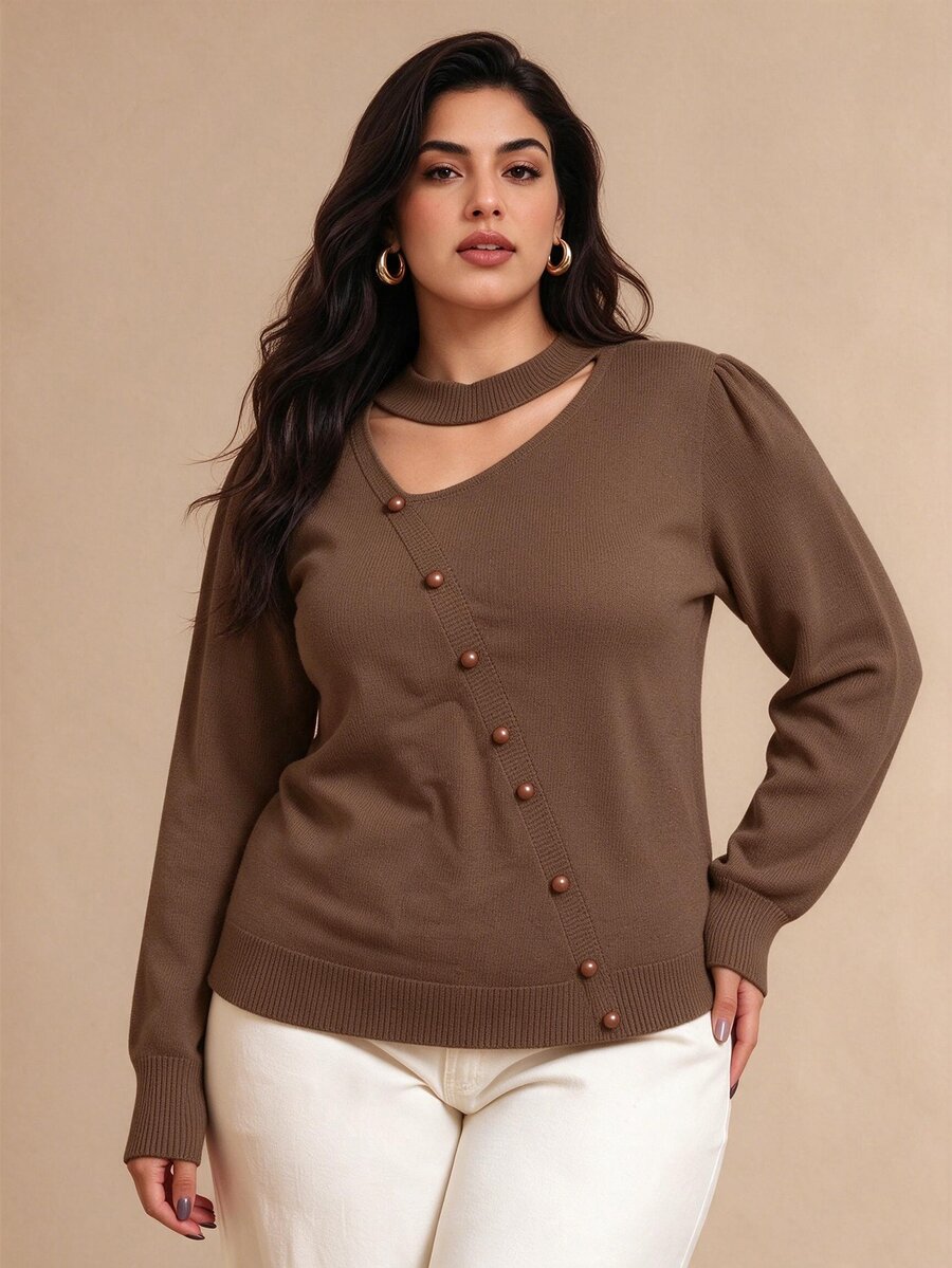 Juhart Plus Size Women Solid Color Asymmetric Cutout Design Long Sleeve Button Detail Pullover Sweater Office Business Brown Fall Elegant Casual Winter - Brown - View 1