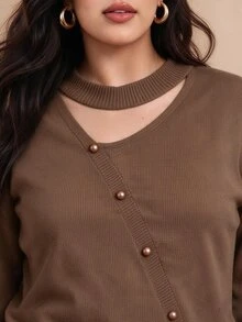 Juhart Plus Size Women Solid Color Asymmetric Cutout Design Long Sleeve Button Detail Pullover Sweater Office Business Brown Fall Elegant Casual Winter - Brown - View 5