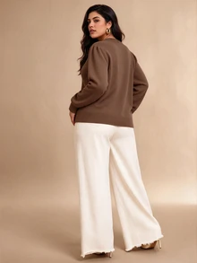 Juhart Plus Size Women Solid Color Asymmetric Cutout Design Long Sleeve Button Detail Pullover Sweater Office Business Brown Fall Elegant Casual Winter - Brown - View 2