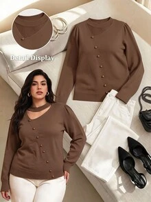 Juhart Plus Size Women Solid Color Asymmetric Cutout Design Long Sleeve Button Detail Pullover Sweater Office Business Brown Fall Elegant Casual Winter - Brown - View 6
