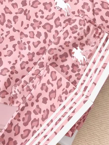 復古時尚混色粉色豹紋對比條紋女嬰休閒圓領長袖衛衣與刷毛內搭長褲2件套，適合秋冬日常、外出、上學、運動、開學季，隨性時尚美式街頭風 - 彩色 - 查看 7