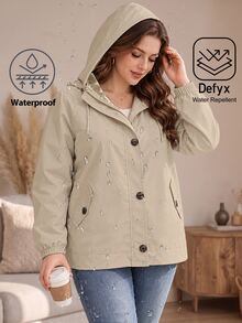 EMERY ROSE Plus Size Outdoor Casual Baggy Barrel Button Long Sleeve Hooded Jacket Travel Office Going Out Two Toned - Khaki - View 7