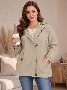 EMERY ROSE Plus Size Outdoor Casual Baggy Barrel Button Long Sleeve Hooded Jacket Travel Office Going Out Two Toned - Khaki - View 6