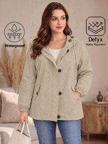 EMERY ROSE Plus Size Outdoor Casual Baggy Barrel Button Long Sleeve Hooded Jacket Travel Office Going Out Two Toned - Khaki - View 8